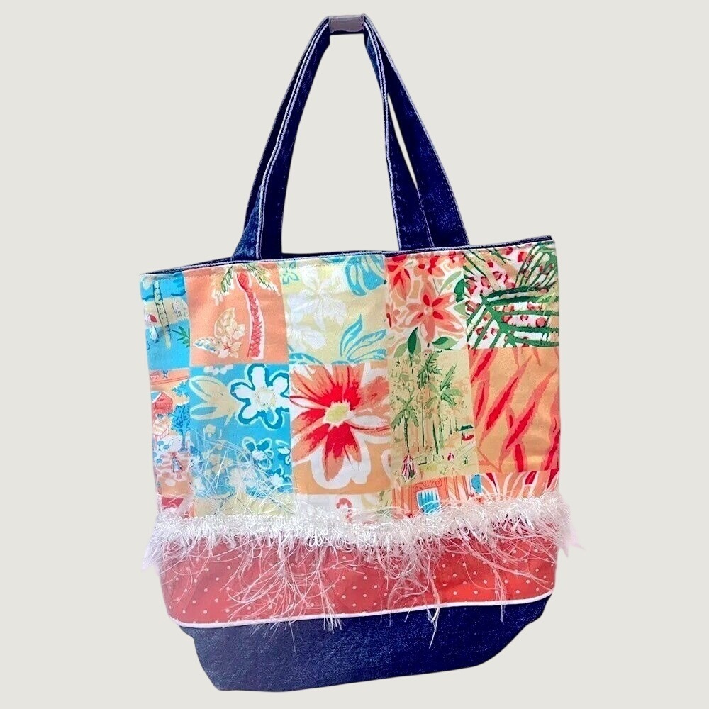 Patchwork Denim Tote Bag Boho Floral Handmade Multicolor Shoulder Bag Tropical